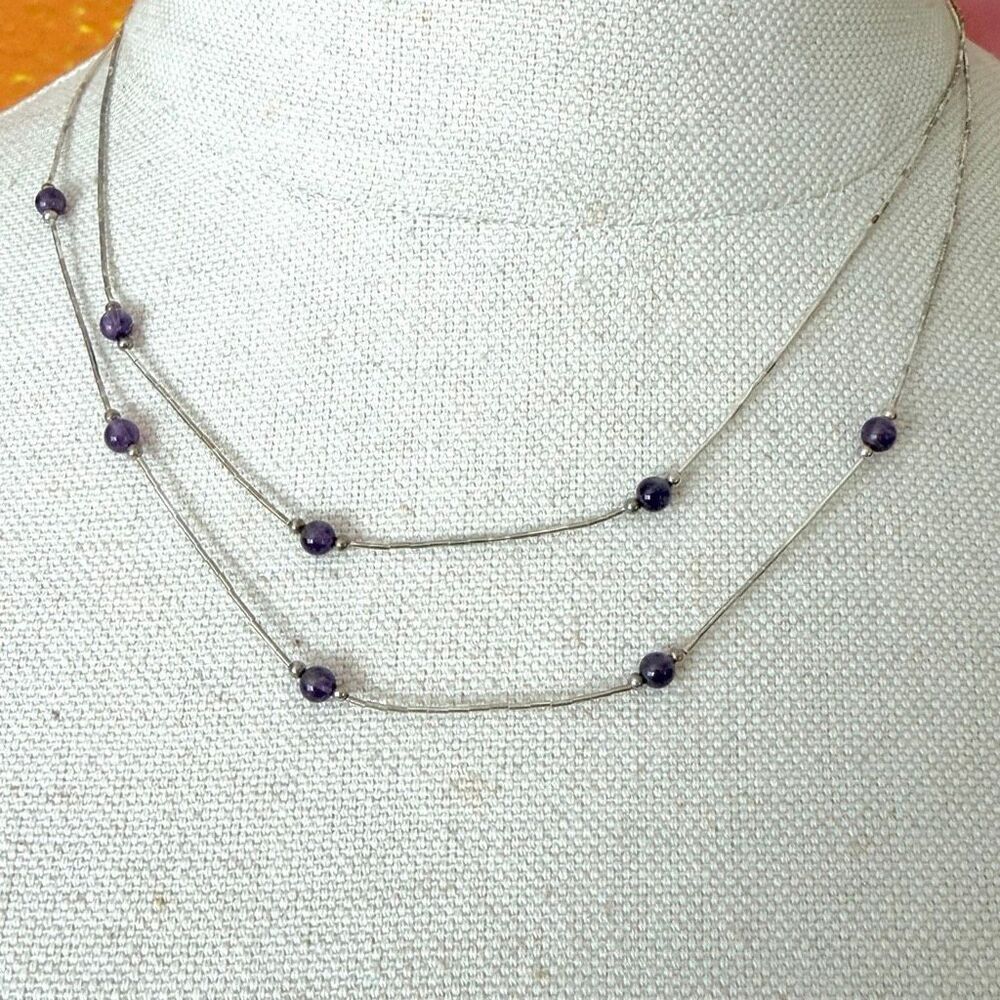 Vintage Sterling Silver Liquid Silver Amethyst Station Necklace 925